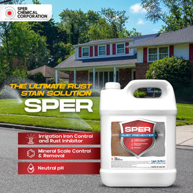 SPER Chemical 1 gallon next to yard hose for scale, illustrating treatment capacity benefit