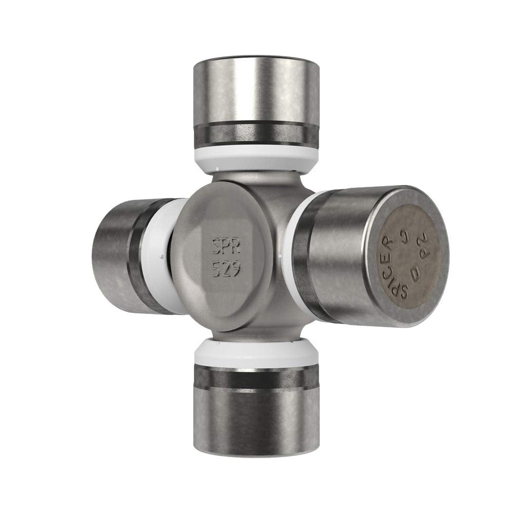 Spicer assembled U-joint top view displaying cross and bearing cups for durability