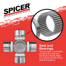 Spicer u-joint installed in a driveshaft demonstrating direct-fit replacement