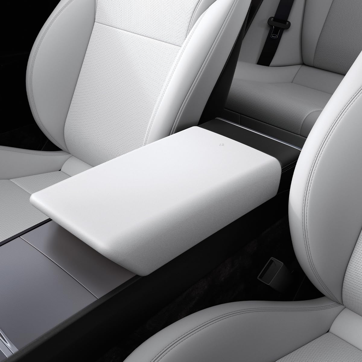 Spigen front view of white armrest cover showing clean factory-like fit and protection