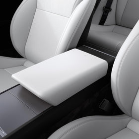 Spigen front view of white armrest cover showing clean factory-like fit and protection