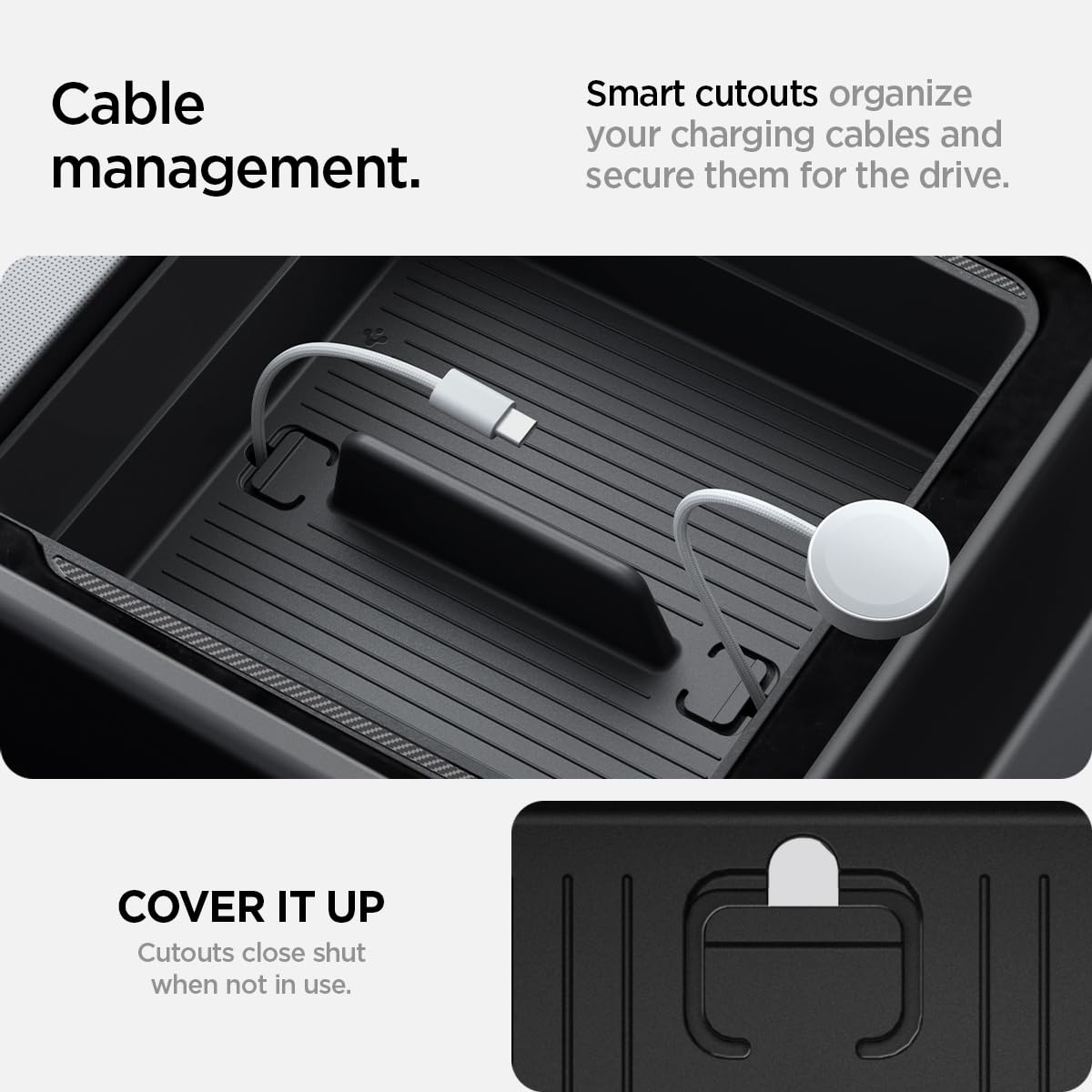 Spigen armrest organizer cable cutouts routing chargers neatly without pinching