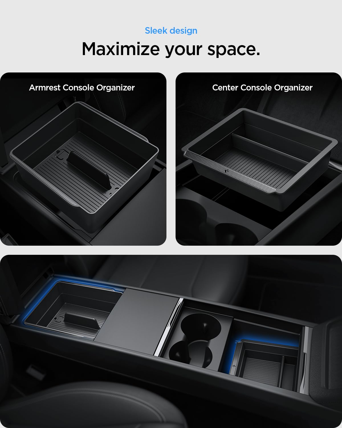 Spigen armrest organizer installed close-up protecting items and reducing noise