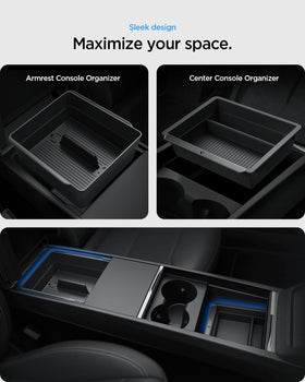Spigen armrest organizer installed close-up protecting items and reducing noise