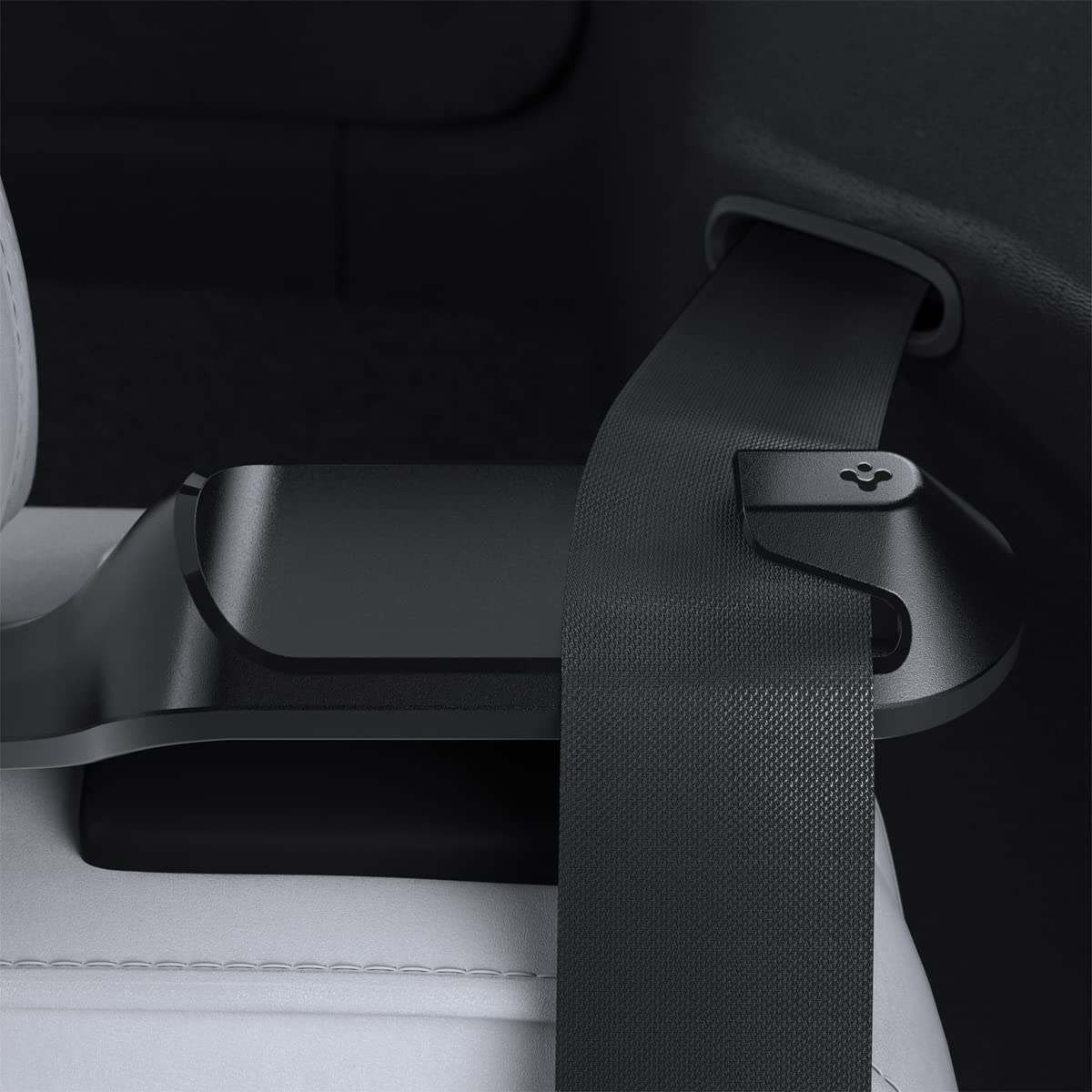 Spigen front view of seatbelt guide showing slim profile and clean lines for neat rear seating