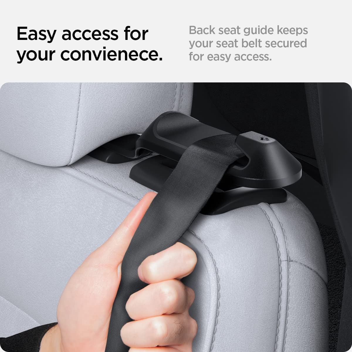 Spigen installed on a Tesla Model Y seatbelt lifting webbing to protect upholstery from wear