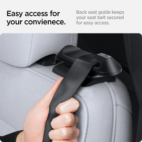Spigen installed on a Tesla Model Y seatbelt lifting webbing to protect upholstery from wear
