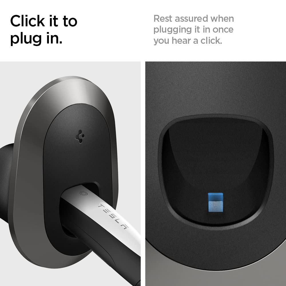 Spigen Bespoke mounted with Tesla Mobile Connector installed showing organized, off-floor storage