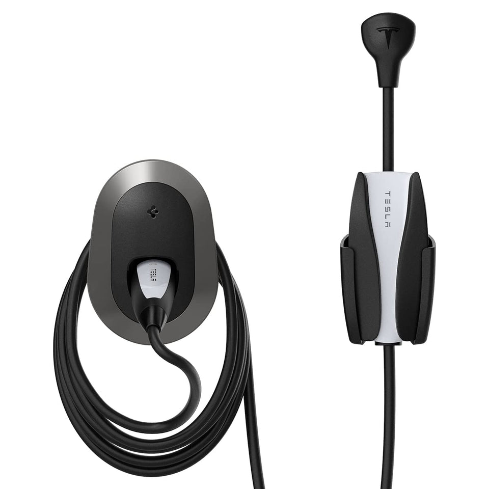 Spigen Bespoke front view in dark silver showing tidy Tesla Mobile Connector storage and clean look
