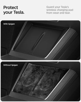 Spigen cover installed in Tesla Model Y console showing seamless fit and protection