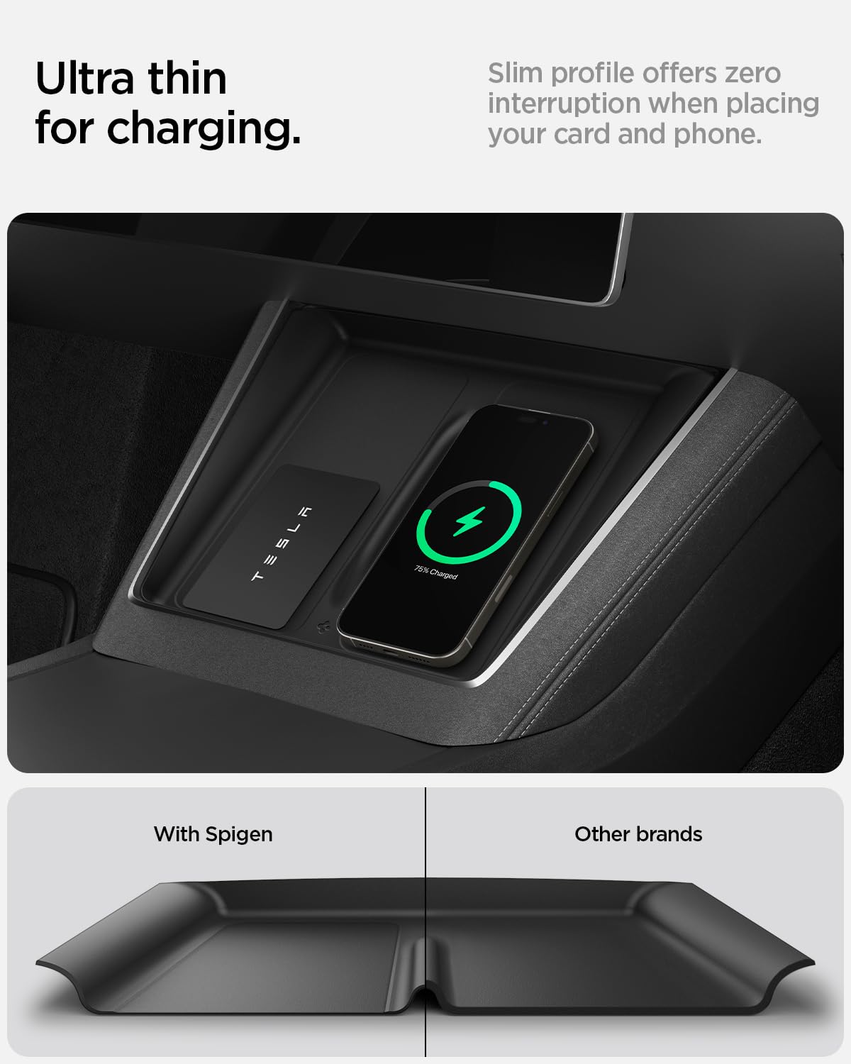 Spigen edge profile displaying 0.8mm thinness for uninterrupted wireless charging