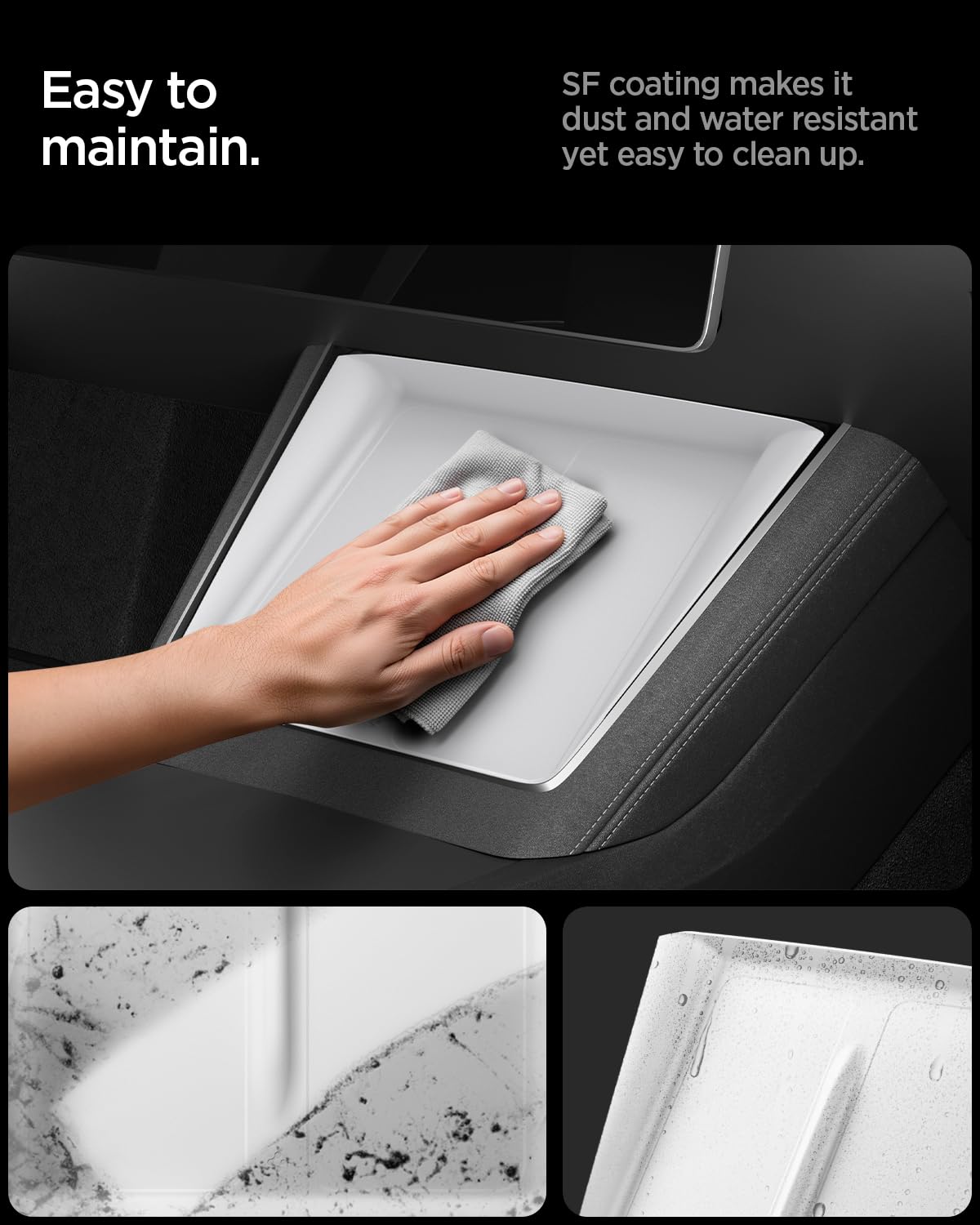 Spigen being wiped clean demonstrating easy cleaning benefit