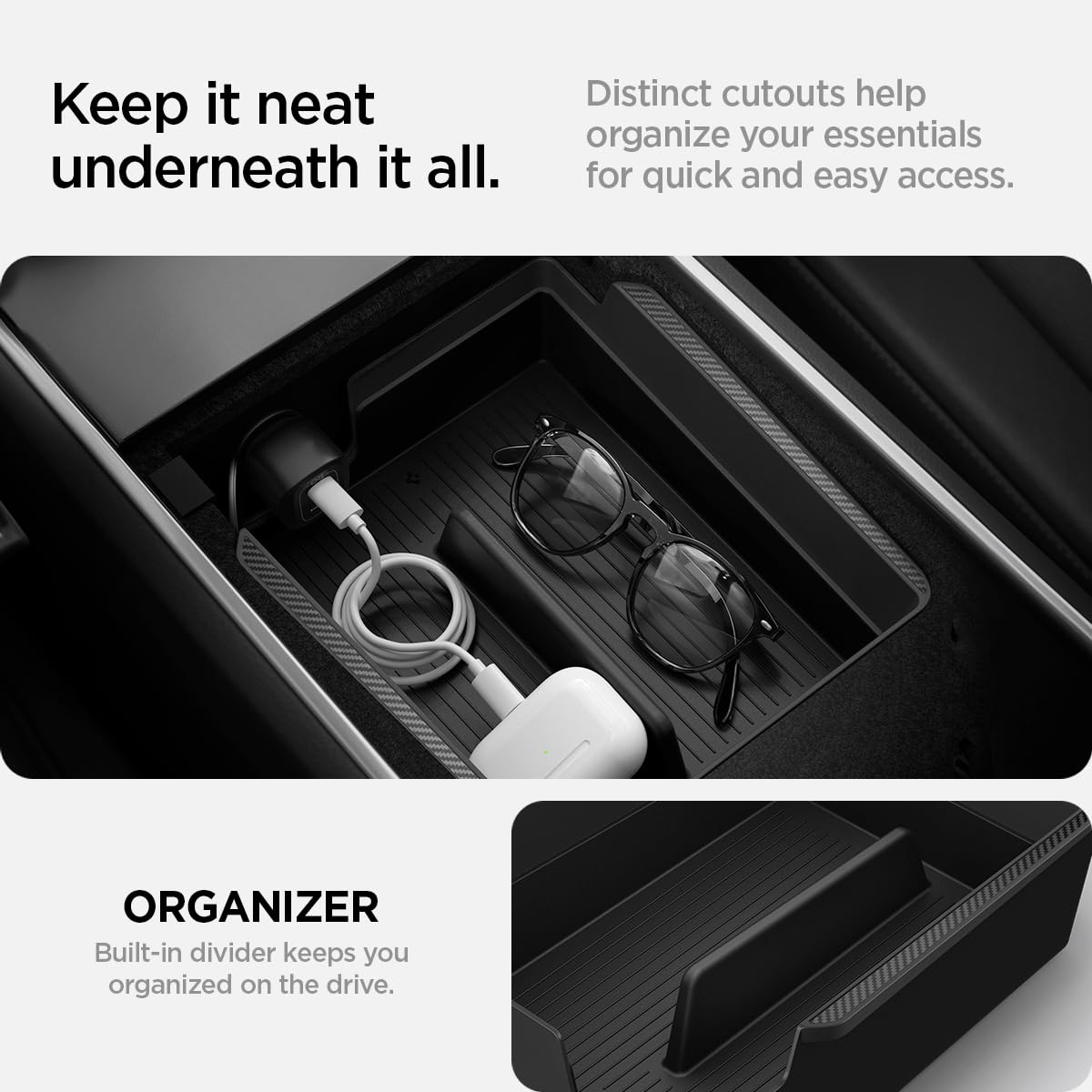 Spigen cable routing detail aligning with Tesla 12V charging port