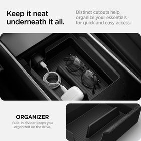 Spigen cable routing detail aligning with Tesla 12V charging port