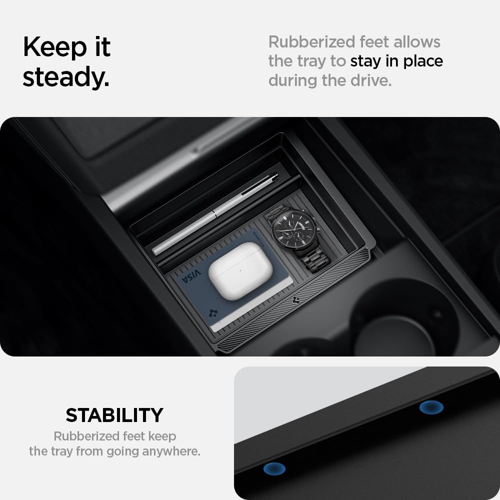 Spigen top-down view installed in console showing neat organization benefit