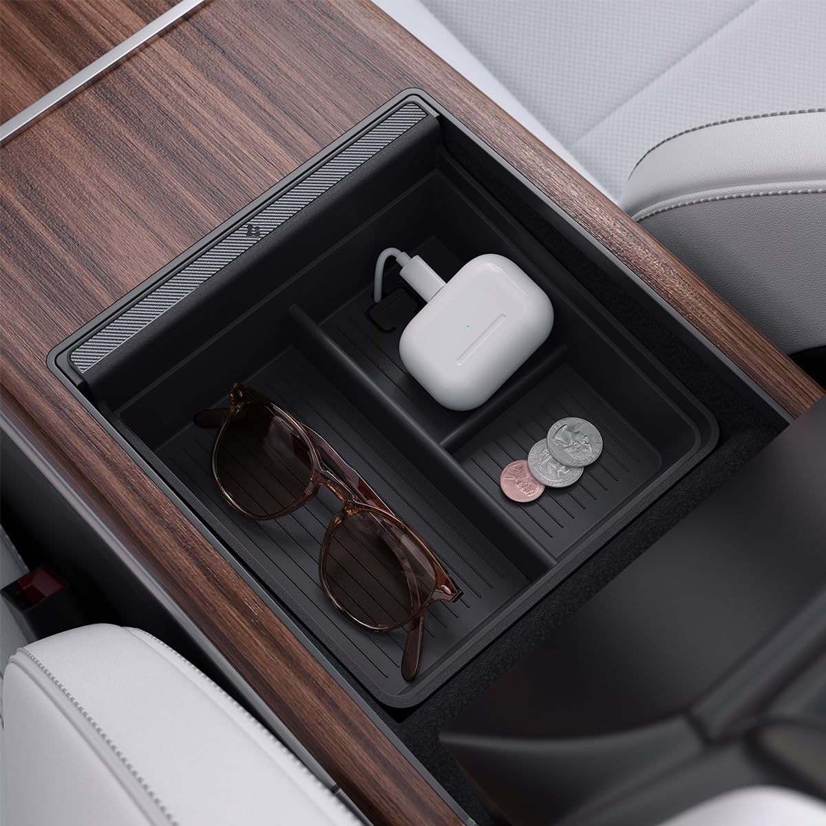 Spigen console organizer tray front view showing precise fit and neat storage benefit