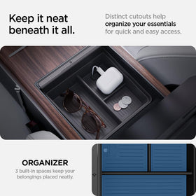Spigen tray installed in Tesla Model S armrest demonstrating tidy organization