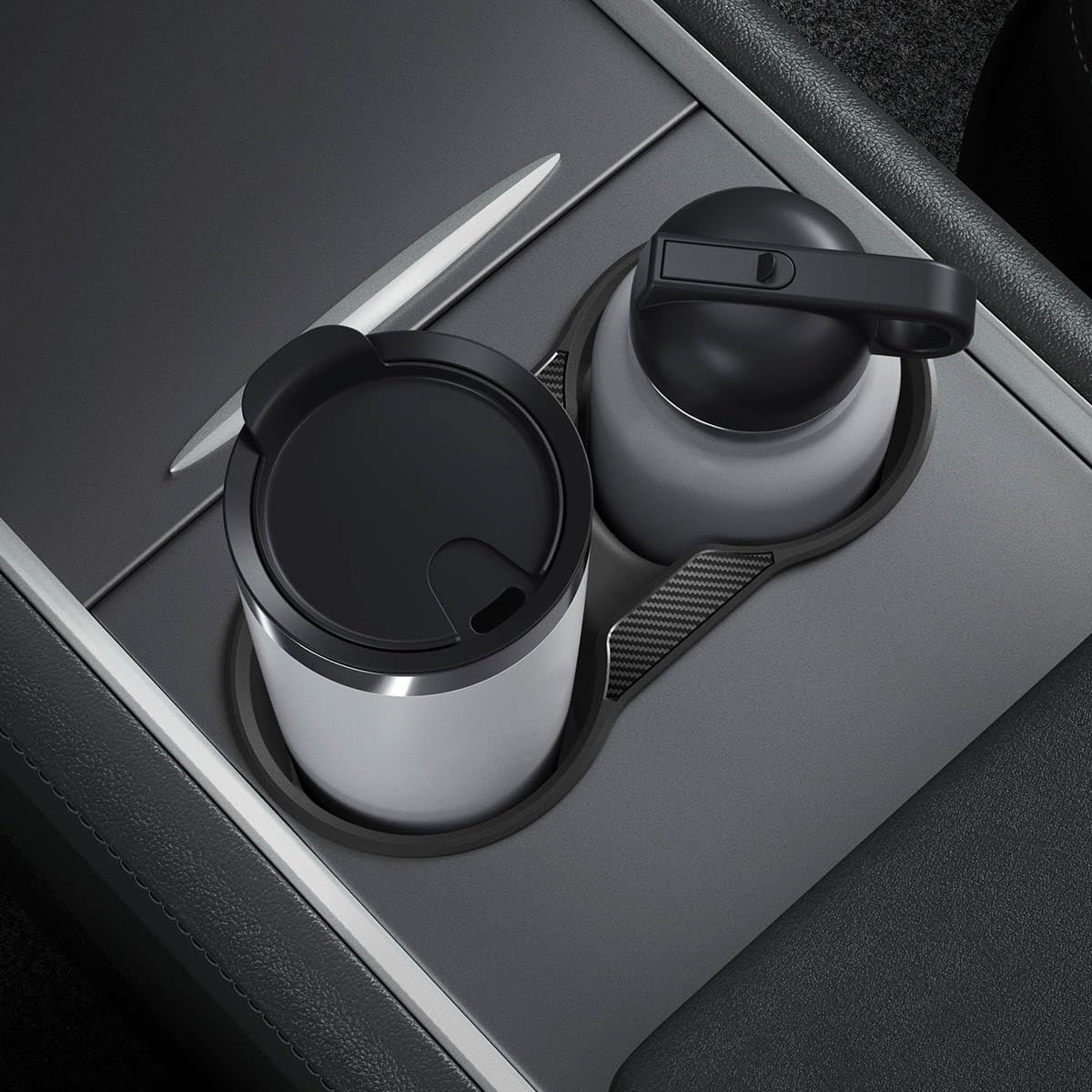 Spigen insert used in a driving scene showing organized console and reduced spills