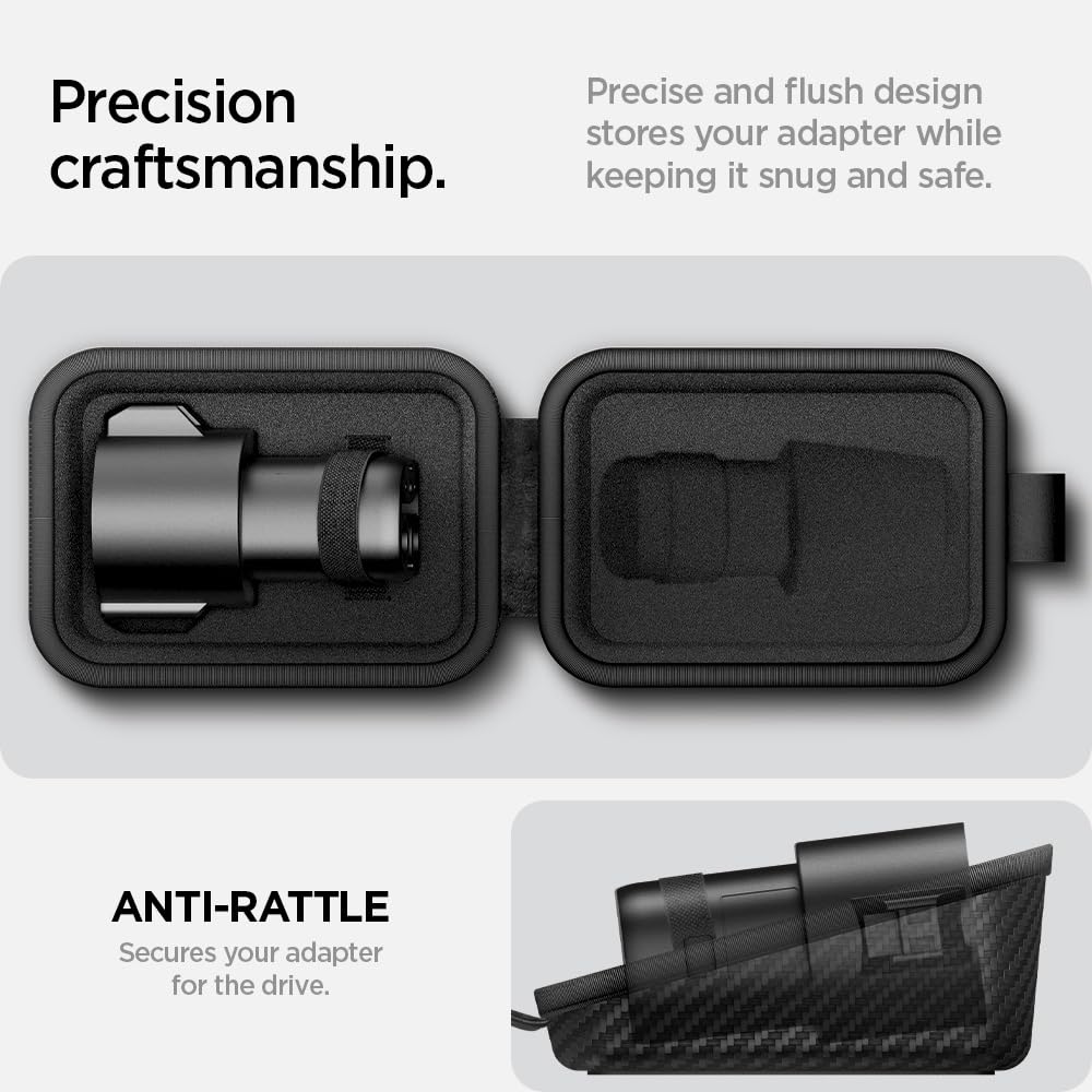 Spigen Cybercase placed in Tesla trunk showing tidy storage and easy access