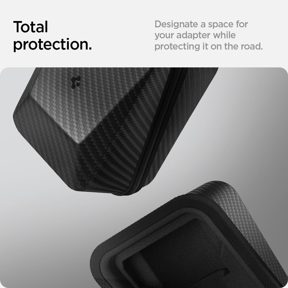 Spigen Cybercase beside adapter and hand to show compact scale and portability