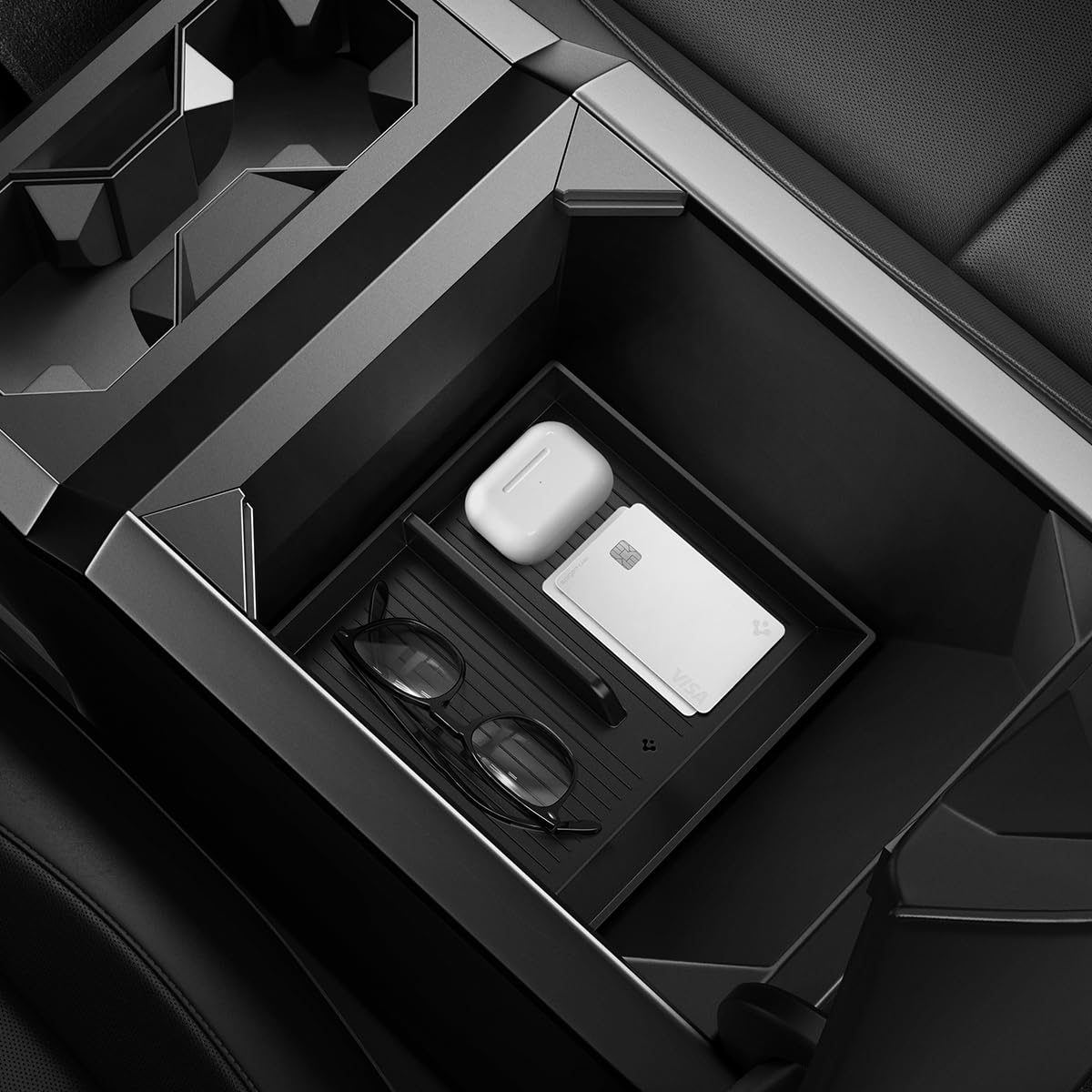 Spigen tray front view showing tidy console and secure storage benefit