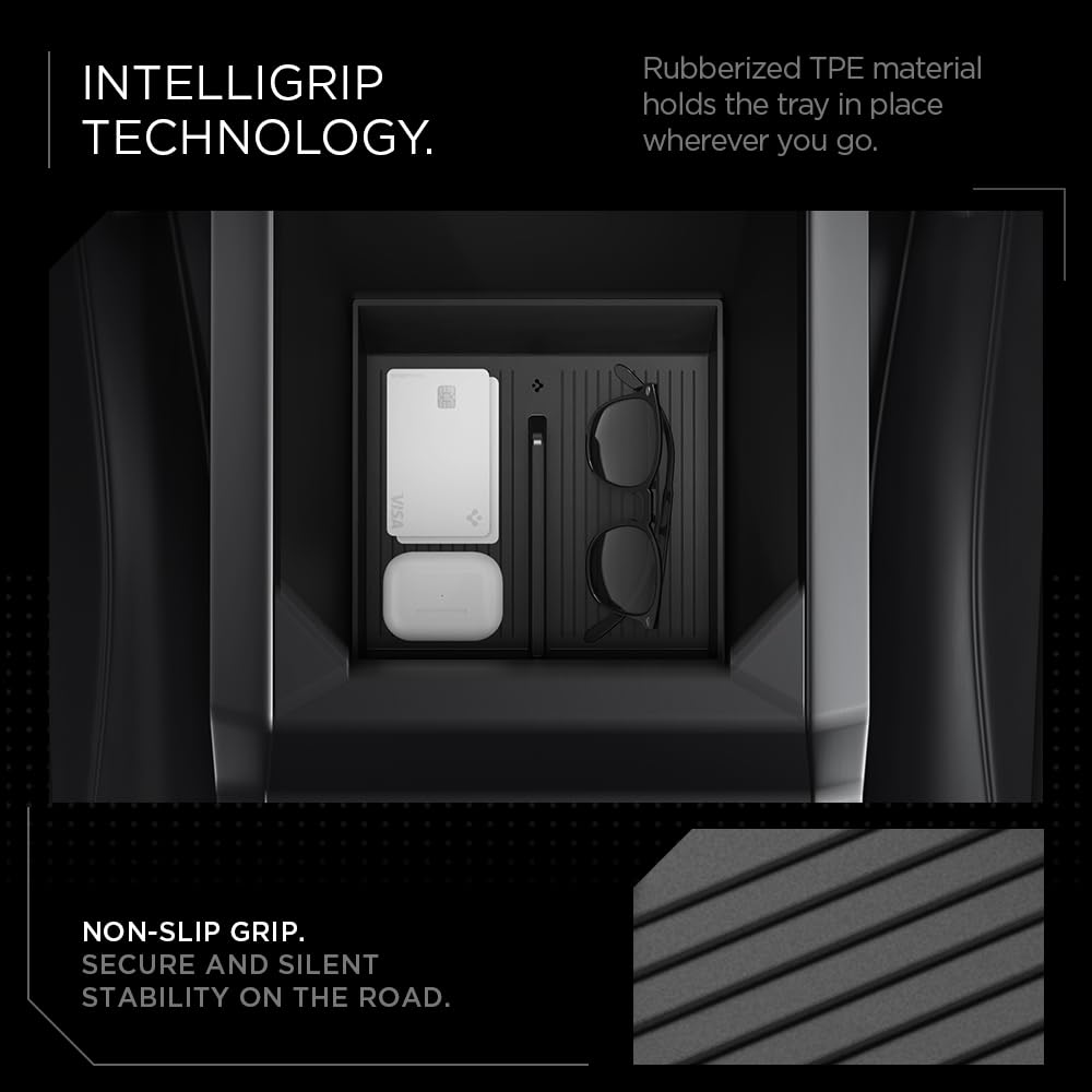 Spigen tray installed in Tesla Cybertruck keeps items stable while driving