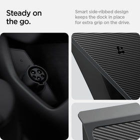 Spigen dock holding a J1772 adapter demonstrating protective, rattle-free storage