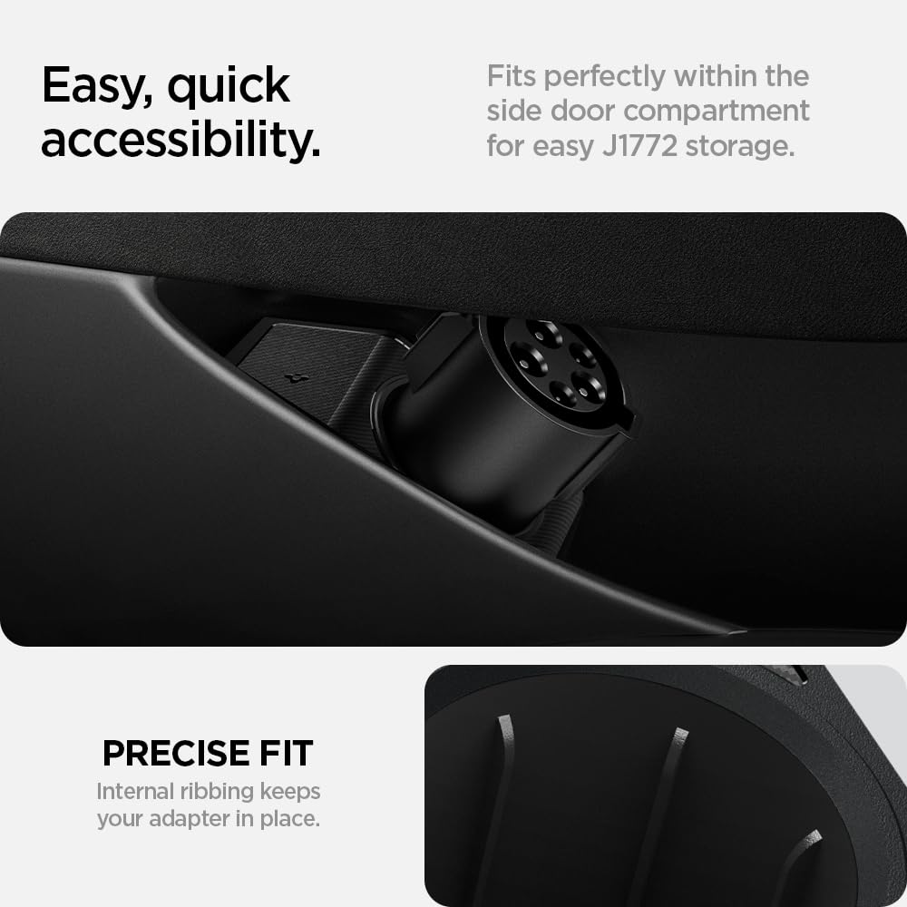 Spigen dock installed in Model Y door pocket illustrating stable storage benefit