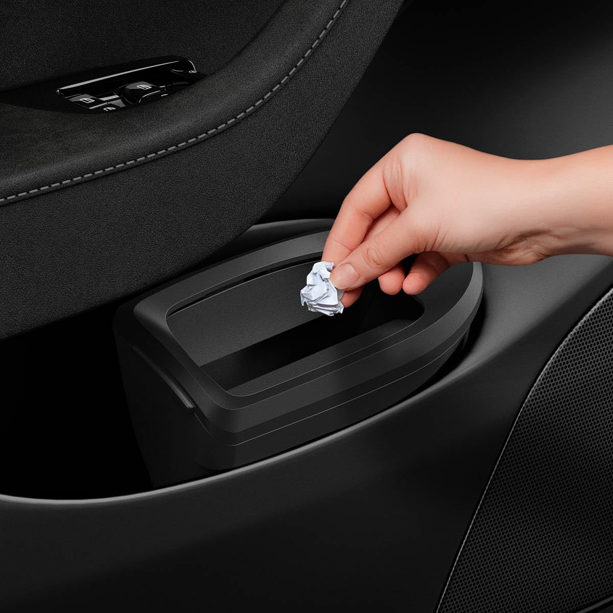 Spigen front view of door pocket trash can showing clean fit and organized cabin benefit