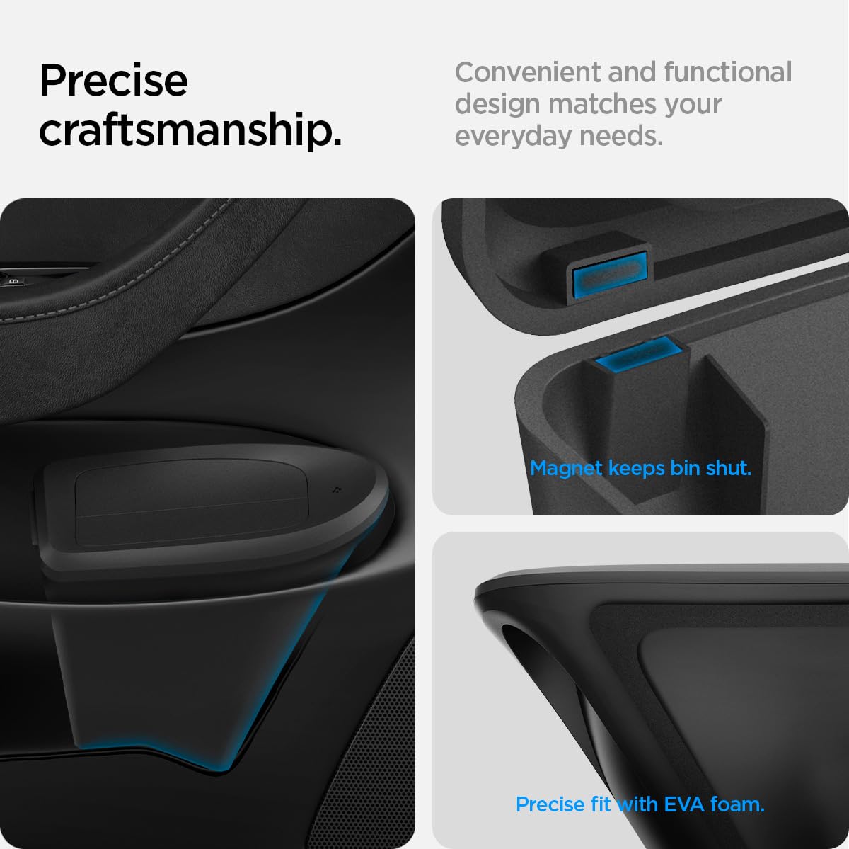 Spigen installed in Tesla Model Y driver door showing tidy interior benefit