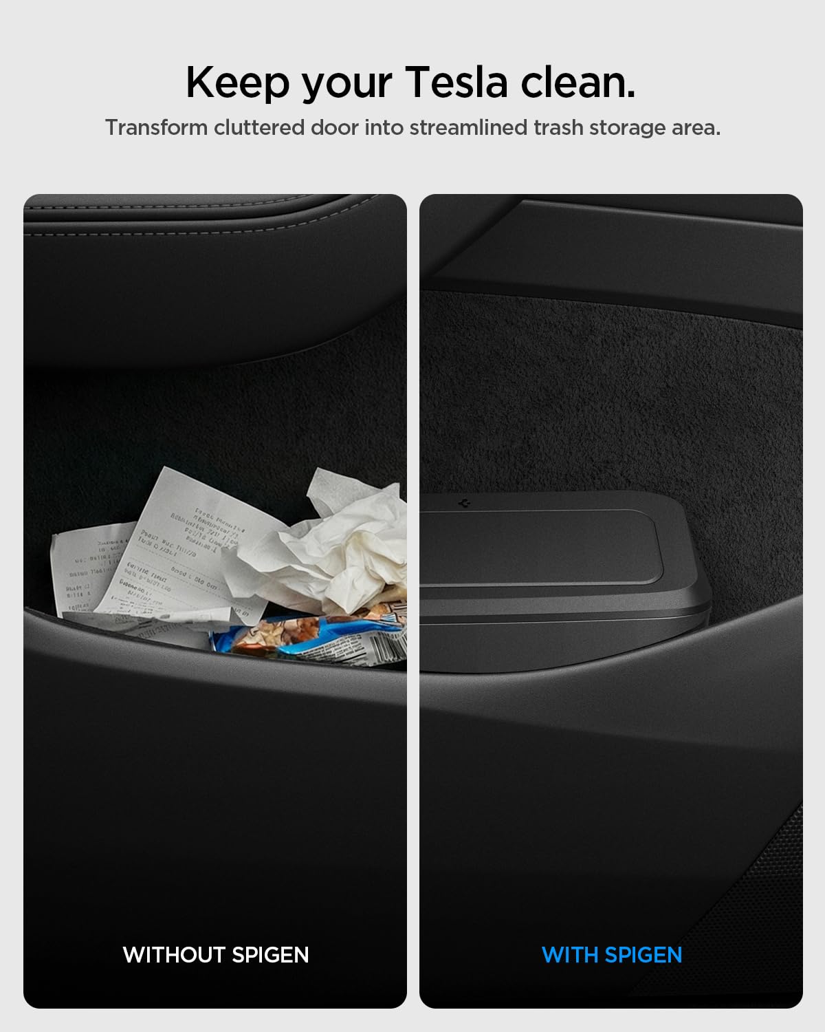 Spigen lifestyle image showing tidy Tesla cabin and protected door panel