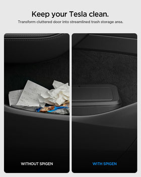 Spigen lifestyle image showing tidy Tesla cabin and protected door panel