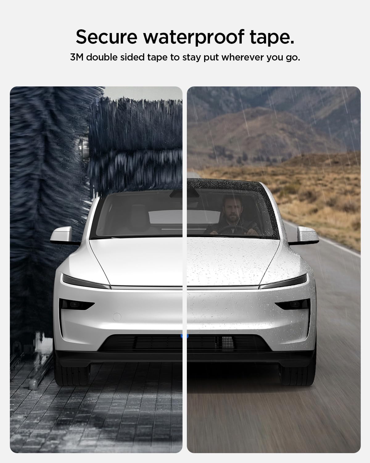 Spigen protector on parked Tesla in lifestyle setting showing everyday protection benefit