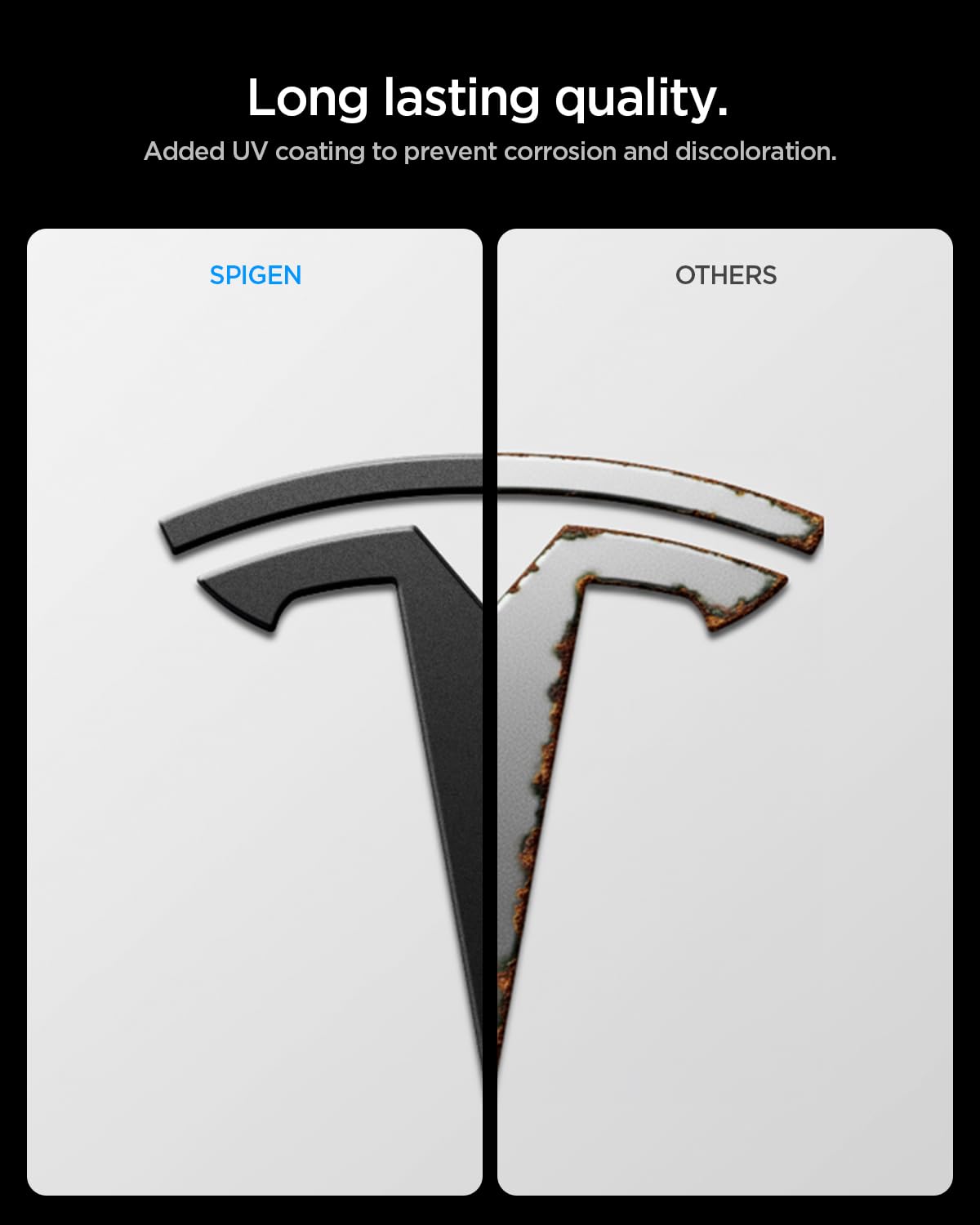Spigen emblem on a driving Model Y showing durable adhesion and weather resistance