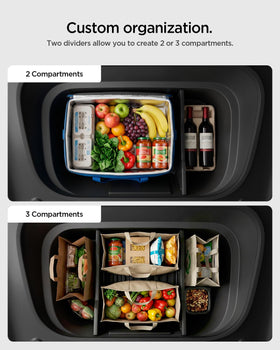 Spigen divider holding groceries securely and reducing shifting during travel