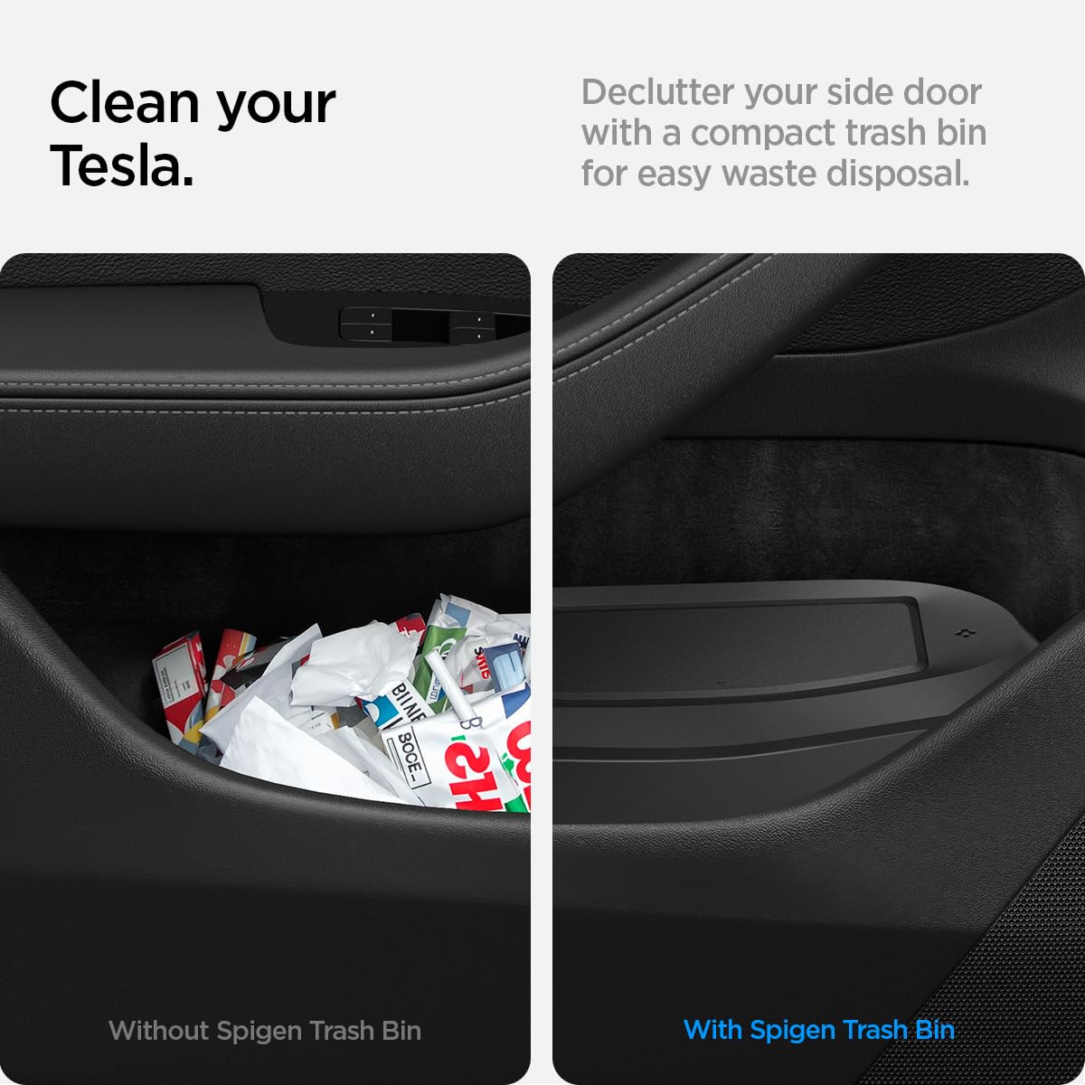 Spigen installed in Tesla Model 3 Highland driver door showing secure fit