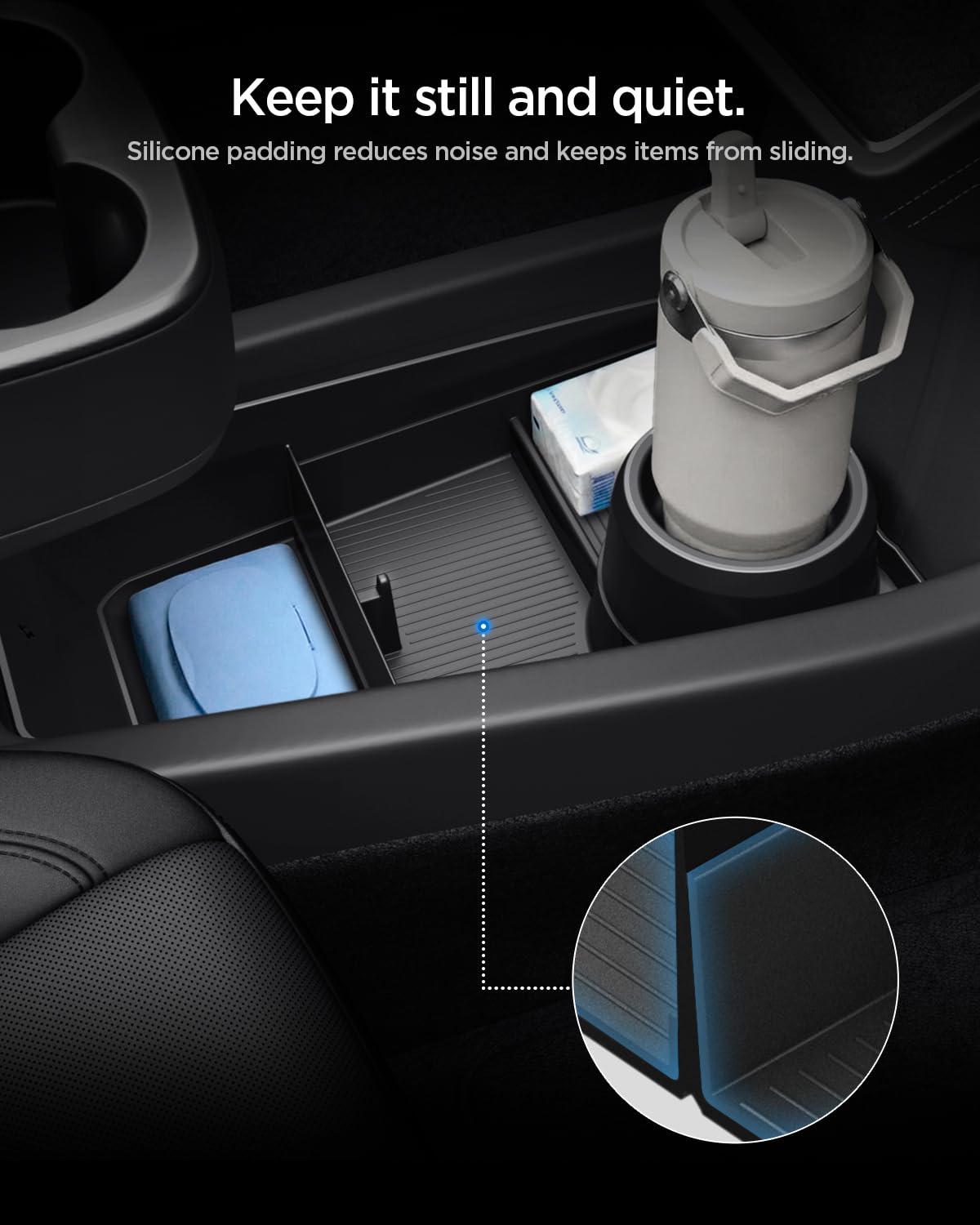 Spigen installed in Tesla Model Y lifestyle shot showing tidier interior and convenience