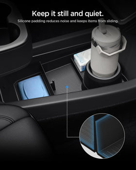 Spigen installed in Tesla Model Y lifestyle shot showing tidier interior and convenience