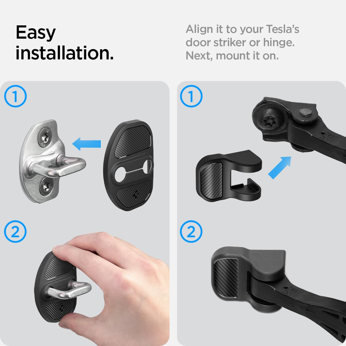 Spigen covers installed on open Tesla door showing seamless fit