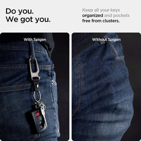 Spigen carabiner keyring closeup showing stainless steel ring durability benefit