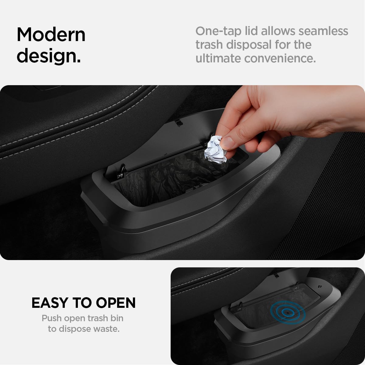 Spigen lifestyle shot of tidy Tesla interior illustrating organized cabin