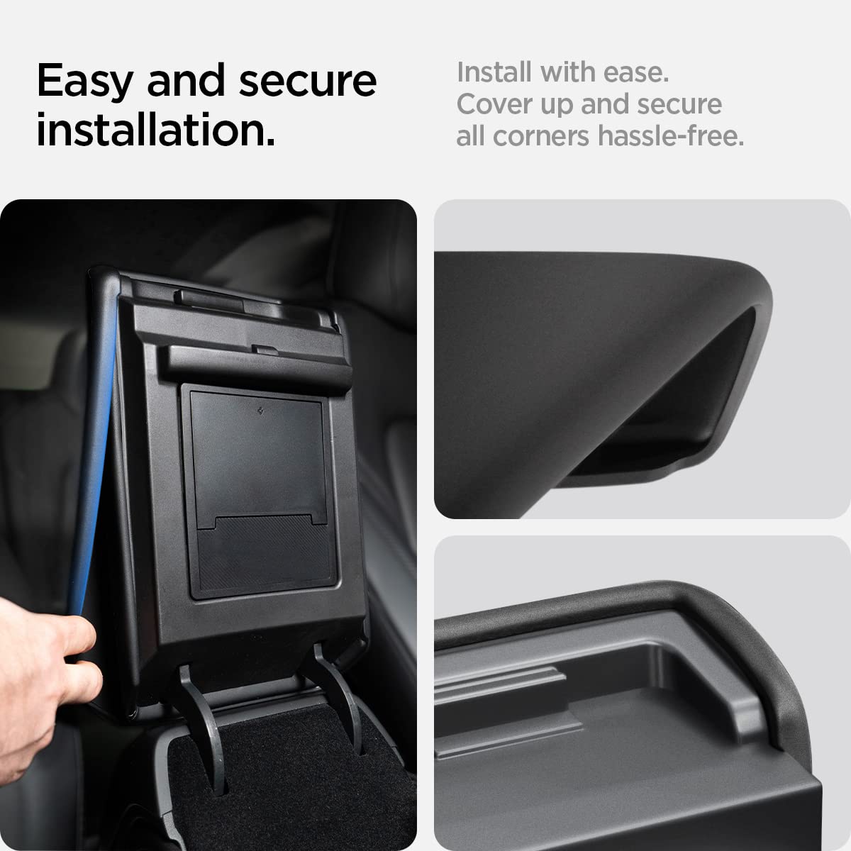 Spigen armrest in Tesla cabin at night showing subtle look and refined benefit