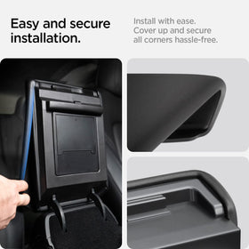 Spigen armrest in Tesla cabin at night showing subtle look and refined benefit