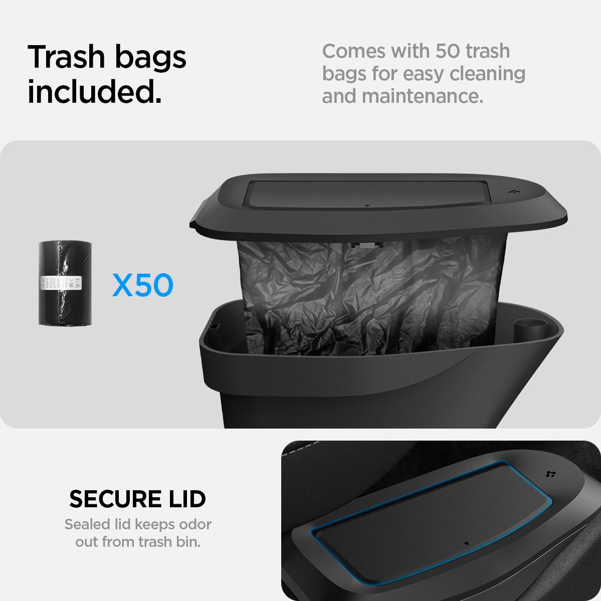 Spigen demonstrating one-touch lid opening for fast trash disposal