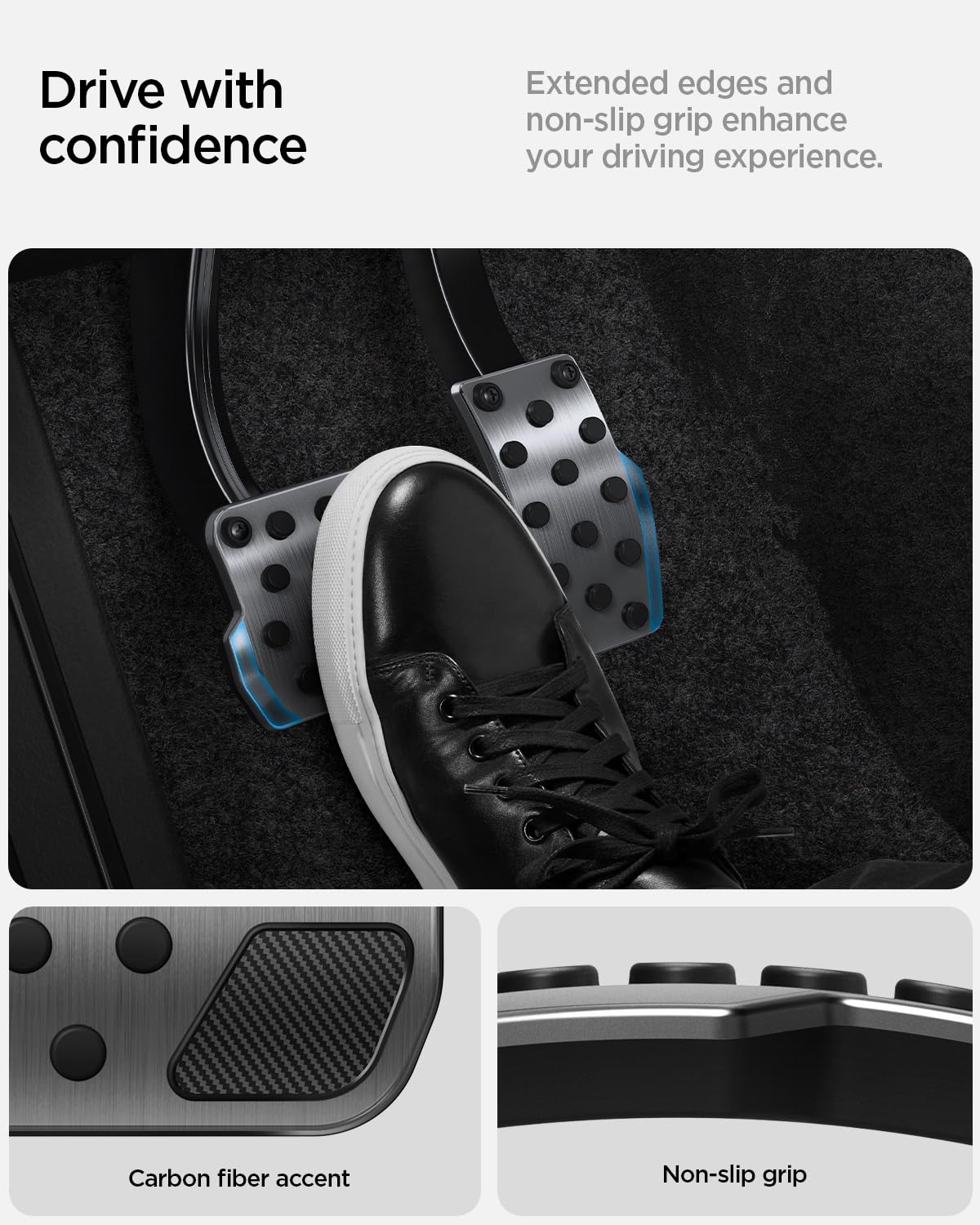 Spigen pedal cover held by hand showing scale and easy install benefit