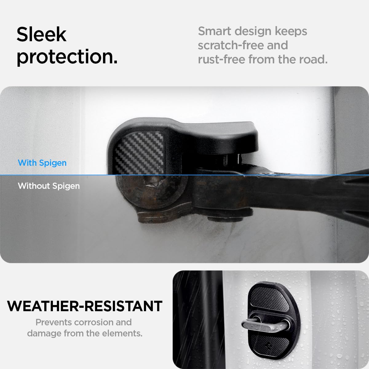 Spigen striker cover installed near latch showing scratch prevention