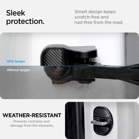Spigen striker cover installed near latch showing scratch prevention