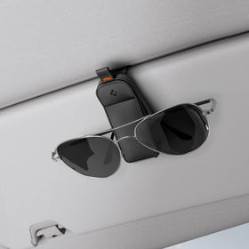 Spigen front view of sunglass holder showing sleek vegan leather finish and tidy look