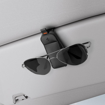 Spigen front view of sunglass holder showing sleek vegan leather finish and tidy look