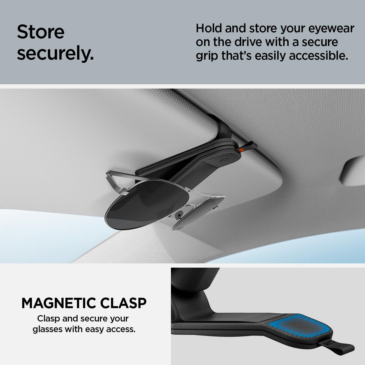 Spigen holding thick acetate sunglasses showing protective grip and scratch prevention